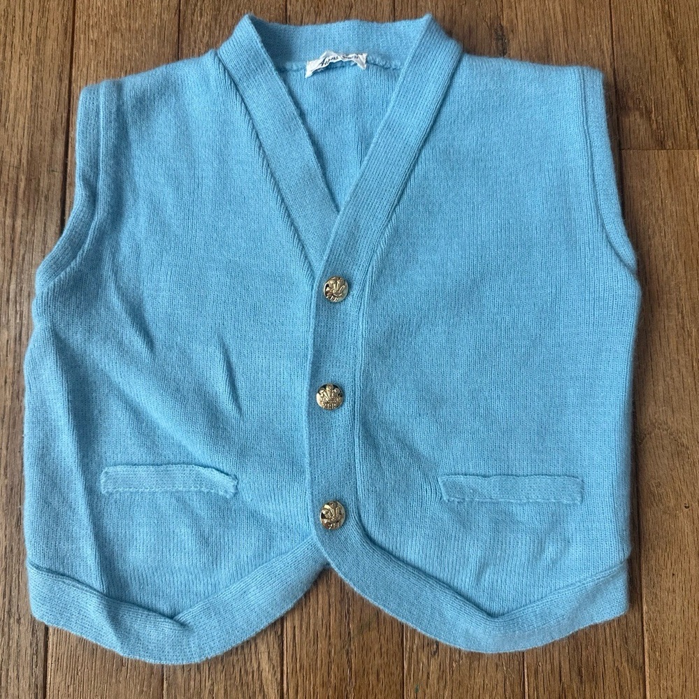 Atkins Vintage Vest Boys 3T Light Blue Knit Gold Crest‎ Buttons Preppy Classic